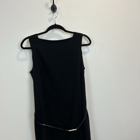 Calvin Klein Size 10 High Neck Modest Black Sheath Dress Belted Sleeveless - Picture 2 of 10